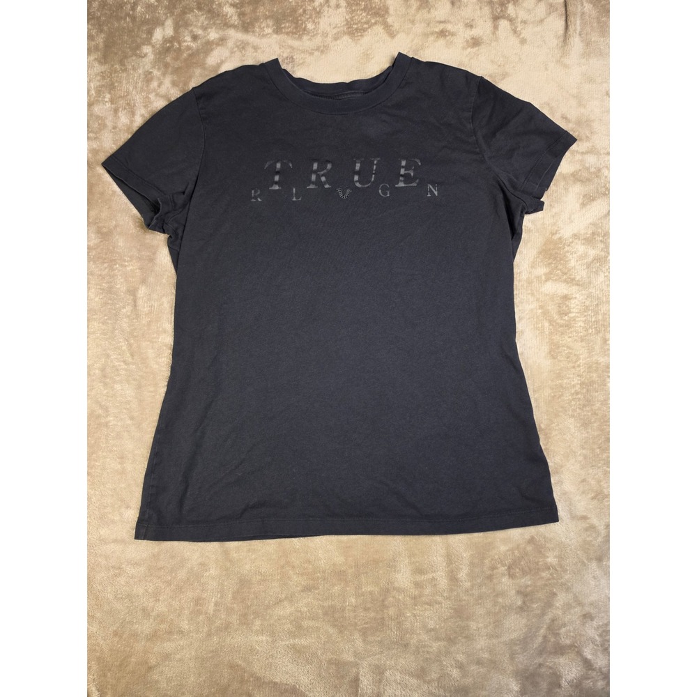 True Religion Womens Graphic T-Shirt Black Short Sleeve Crew Neck Large Logo Tee